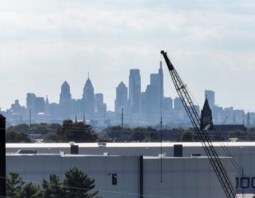 A crane juxtaposed with the Philadelphia skyline