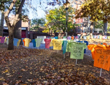 t-shirts on stakes throughout the outside of the Meetinghouse