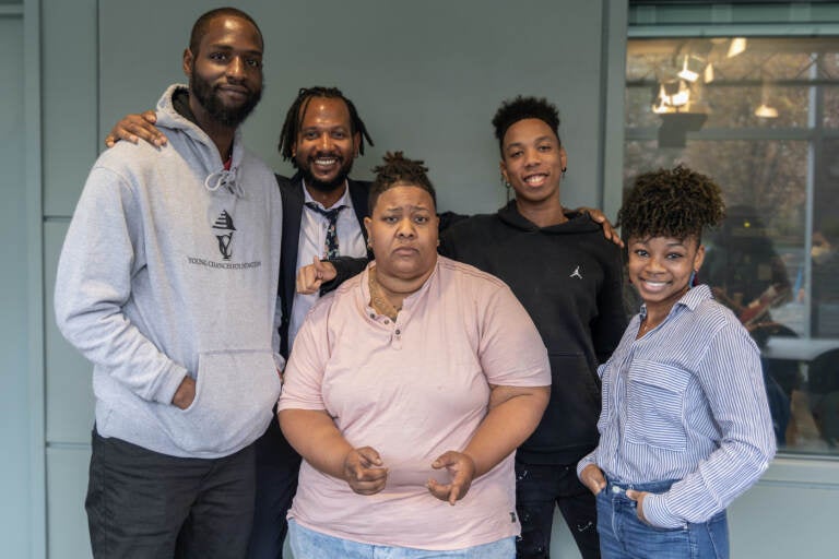Tyrique Glasgow, Adam Geer, Taahzje Ellis (top) join Ajourdi Hargrove and Diamond Walker (bottom) for a roundtable conversation about solutions to gun violence. (Kimberly Paynter/WHYY