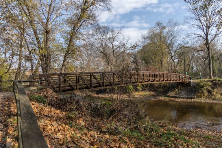 A small bridge goes over the stream.