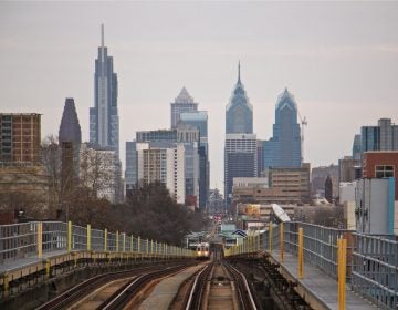 A SEPTA train on the Market Frankford line approaches Center City