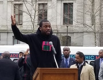 File - Meek Mill and others speak about the need for overhauling Pennsylvania's parole and probation system in Philadelphia. (Tom MacDonald/WHYY)