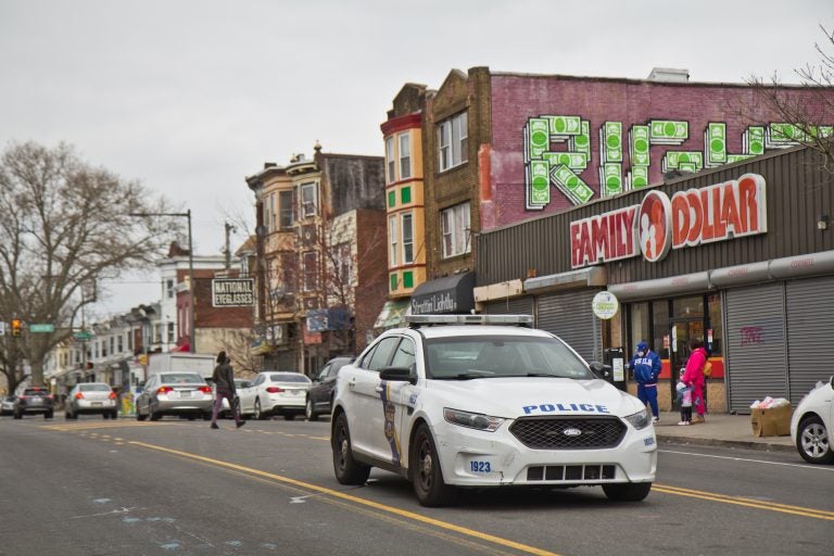A Philadelphia police cruiser is parked between Arch and Market streets in West Philadelphia