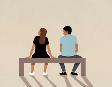 An illustration of a man and a woman sitting on a bench