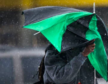 A pedestrian walks with little protection from his collapsed umbrella during a rainstorm