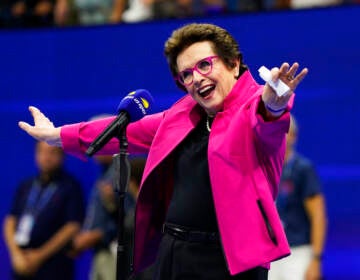 Billie Jean King speaks after Serena Williams, of the United States, defeated Danka Kovinic, of Montenegro, during the first round of the US Open tennis championships, Monday, Aug. 29, 2022, in New York. (AP Photo/John Minchillo)