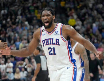 Philadelphia 76ers center Joel Embiid (21) celebrates following a victory over the Utah Jazz