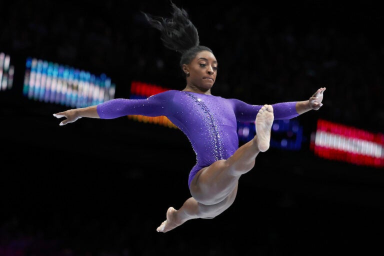 United States' Simone Biles competes on the beam during the apparatus finals at the Artistic Gymnastics World Championships in Antwerp, Belgium, Sunday, Oct. 8, 2023.