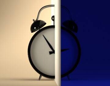 Circadian rhythm concept. alarm clock divided into two parts with day and night.