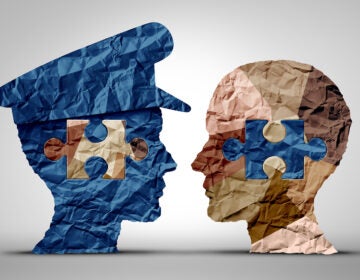 Police community and policing strategy communication building trust as law enforcement with policing and a diverse society as a policeman or policewoman symbol working with an icon of diversity in a 3D illustration style.