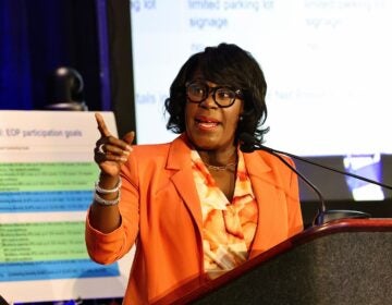 Mayor Cherelle Parker speaks behind a podium
