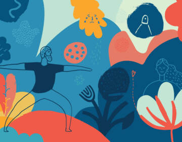 A brightly-colored illustration shows a person doing yoga.
