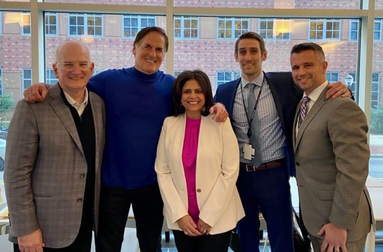 Mark Cuban poses with University of Pennsylvania Health System CEO Kevin Mahoney (left) and Penn Medicine vice president and chief pharmacy officer Nishaminy Kasbeker (center).