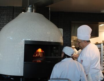 Two chefs put pizza in an oven