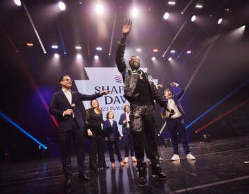 Meek Mill appears with Gov. Josh Shapiro and his family during the governor's inauguration party in January 2023.