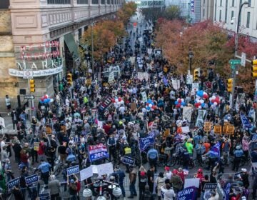 At 12th and Arch Streets in Philadelphia, protesters from both sides were separated by a line of police.