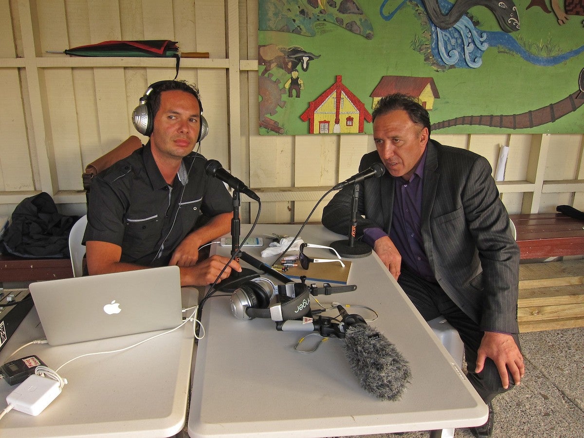Te Hiku Media CEO Peter-Lucas Jones is seen interviewing a guest for the broadcast company. (John Miller/Ngapuhi Tribe)